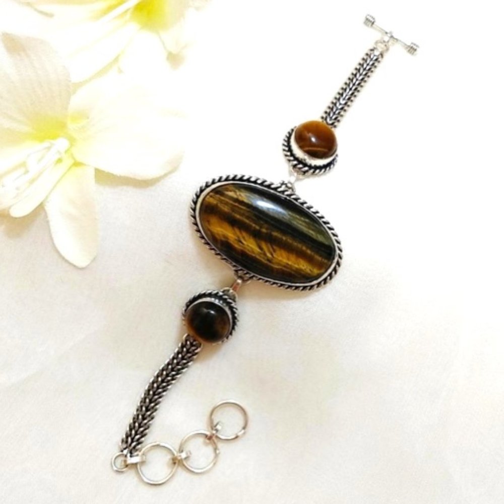 Tiger Eye Bracelet (br16) Natural Gem Toggle Clasp 925 Silver 7”-8" Adj.